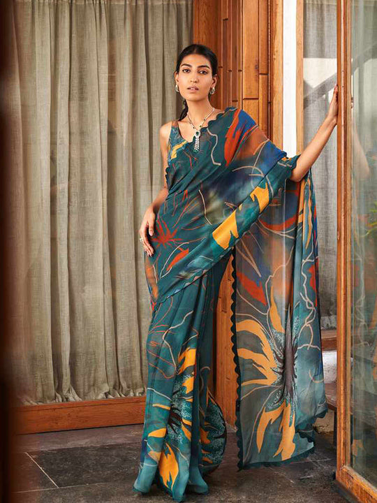 Rama Moss Crepe Saree With Blouse Piece