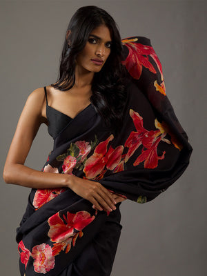 Black Moss Crepe Saree With Blouse Piece
