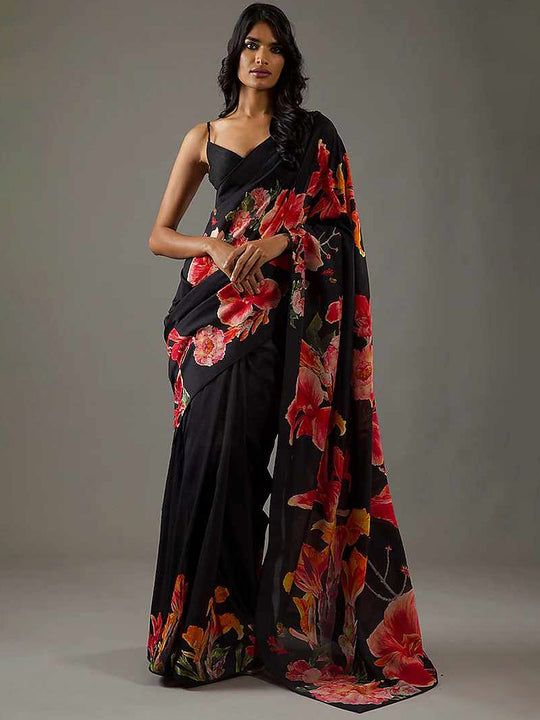 Black Moss Crepe Saree With Blouse Piece