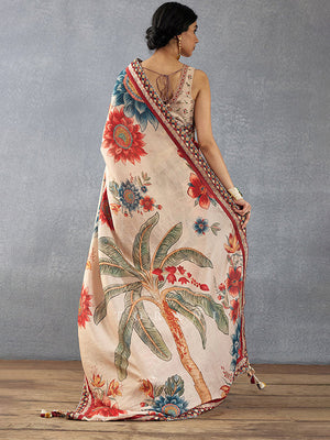 Cream Moss Crepe Saree With Blouse Piece
