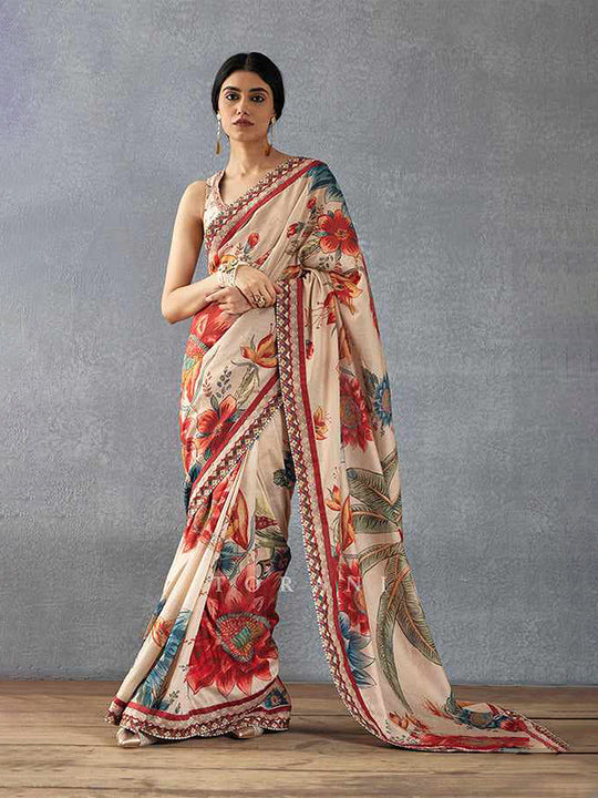Cream Moss Crepe Saree With Blouse Piece