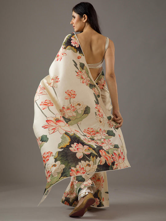 Cream Moss Crepe Saree With Blouse Piece