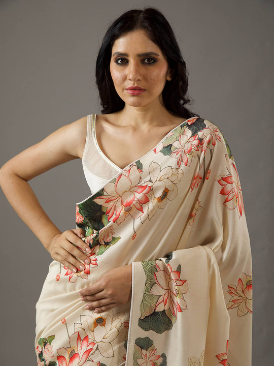 Cream Moss Crepe Saree With Blouse Piece