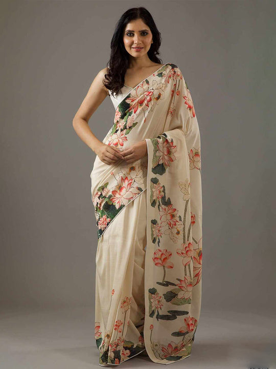 Cream Moss Crepe Saree With Blouse Piece
