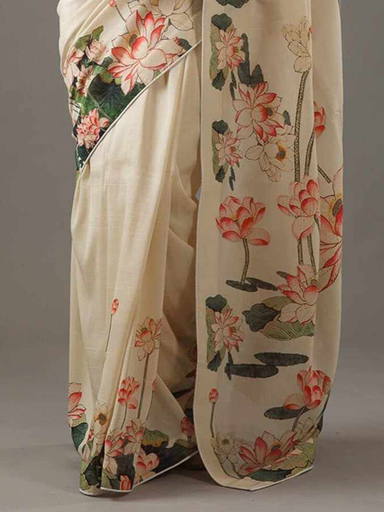 Cream Moss Crepe Saree With Blouse Piece