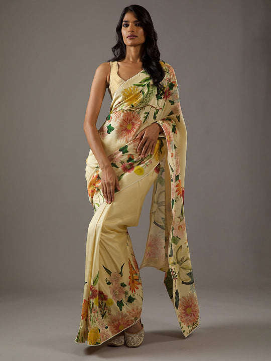 Yellow Moss Crepe Saree With Blouse Piece