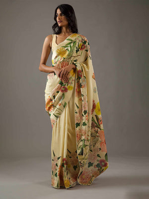Yellow Moss Crepe Saree With Blouse Piece