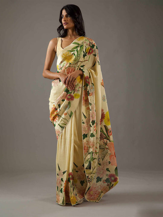 Yellow Moss Crepe Saree With Blouse Piece