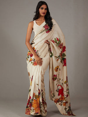 Off White Moss Crepe Saree With Blouse Piece