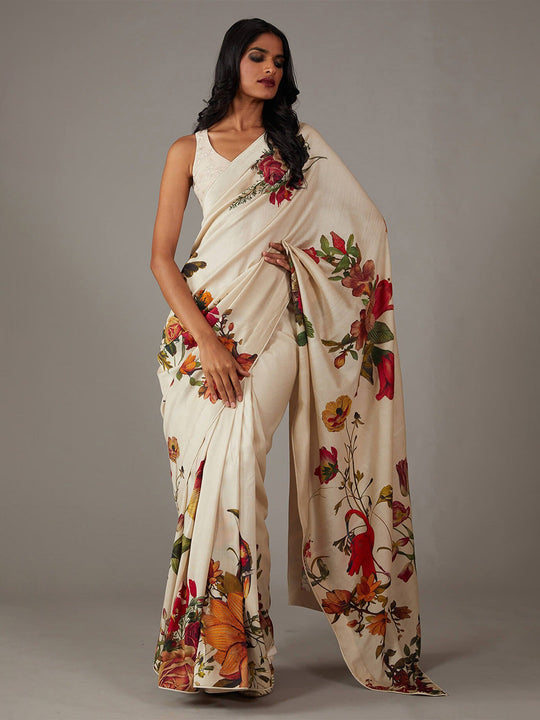 Off White Moss Crepe Saree With Blouse Piece