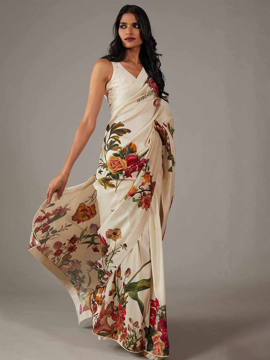 Off White Moss Crepe Saree With Blouse Piece