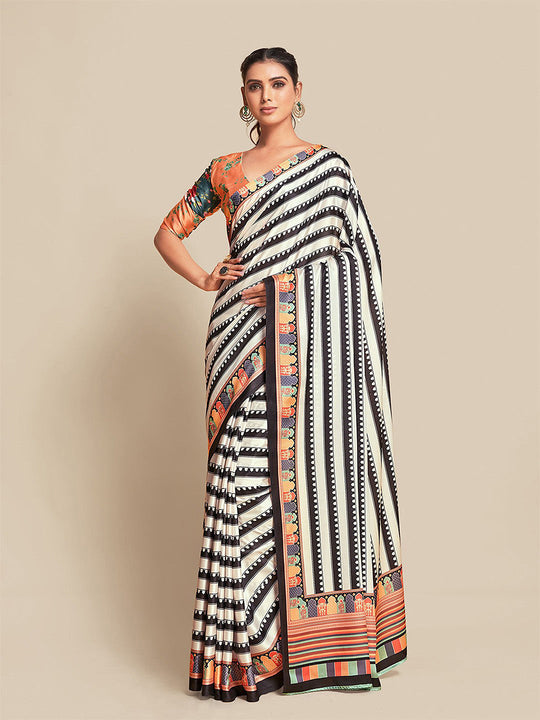 Black & White Moss Crepe Saree With Blouse Piece