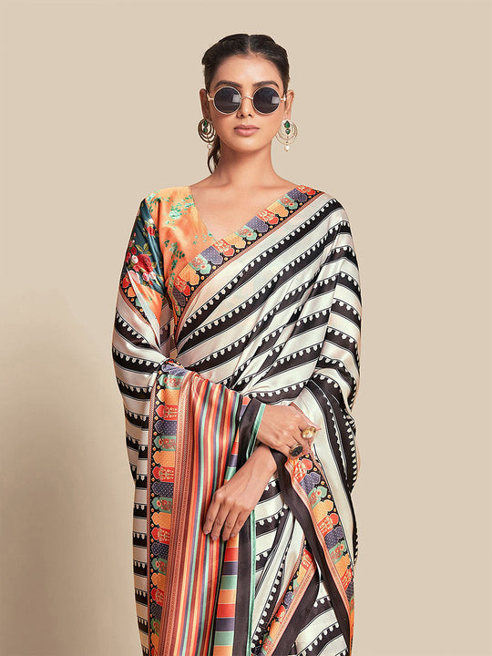 Black & White Moss Crepe Saree With Blouse Piece