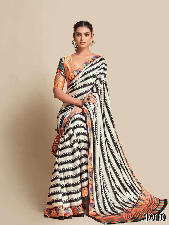 Black & White Moss Crepe Saree With Blouse Piece