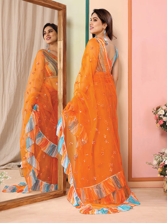 Orange Net Saree With Blouse Piece