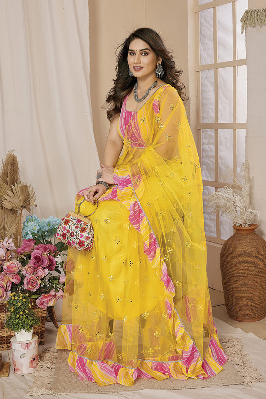 Yellow Net Saree With Blouse Piece