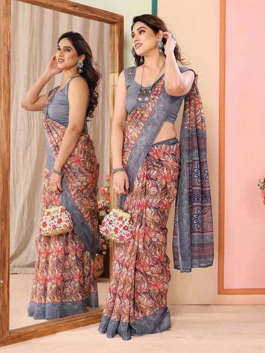 Grey Kota Doria Saree With Blouse Piece