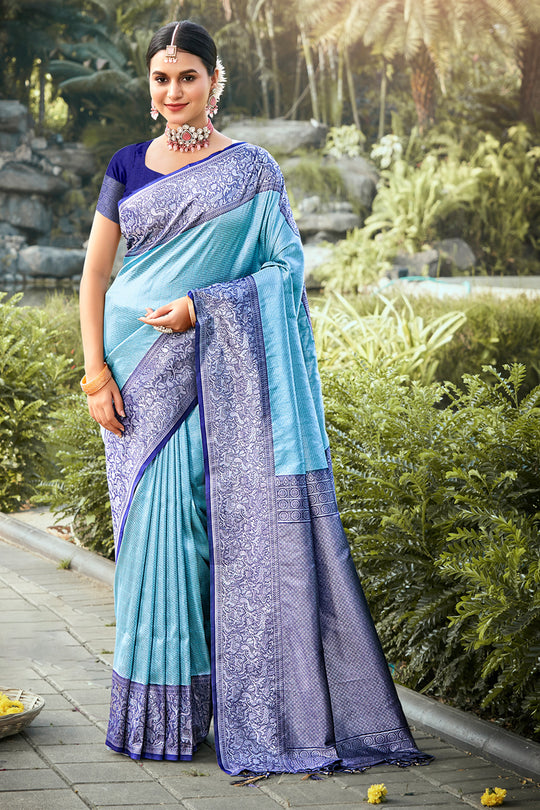 Sky Blue Kanjivaram Silk Saree With Blouse Piece