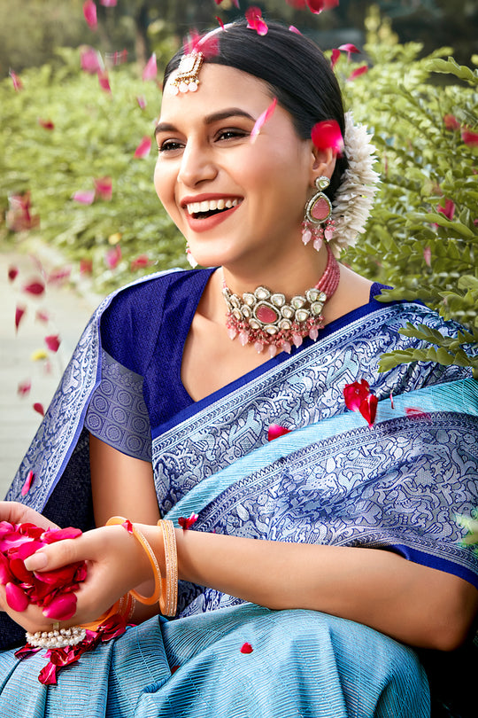 Sky Blue Kanjivaram Silk Saree With Blouse Piece