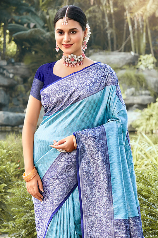 Sky Blue Kanjivaram Silk Saree With Blouse Piece