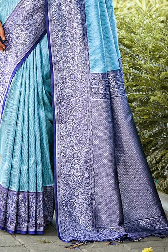 Sky Blue Kanjivaram Silk Saree With Blouse Piece