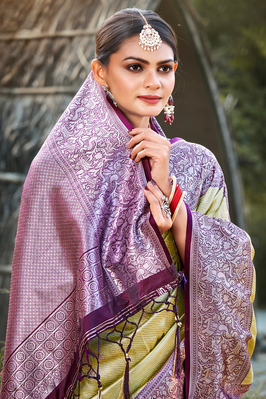 Lemon Green Kanjivaram Silk Saree With Blouse Piece