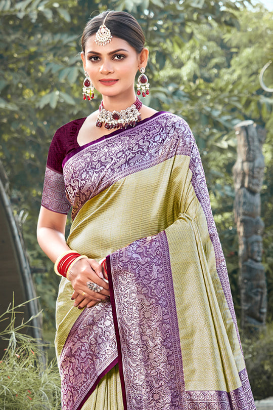 Lemon Green Kanjivaram Silk Saree With Blouse Piece