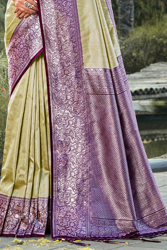 Lemon Green Kanjivaram Silk Saree With Blouse Piece