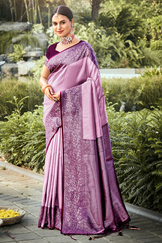 Purple Kanjivaram Silk Saree With Blouse Piece