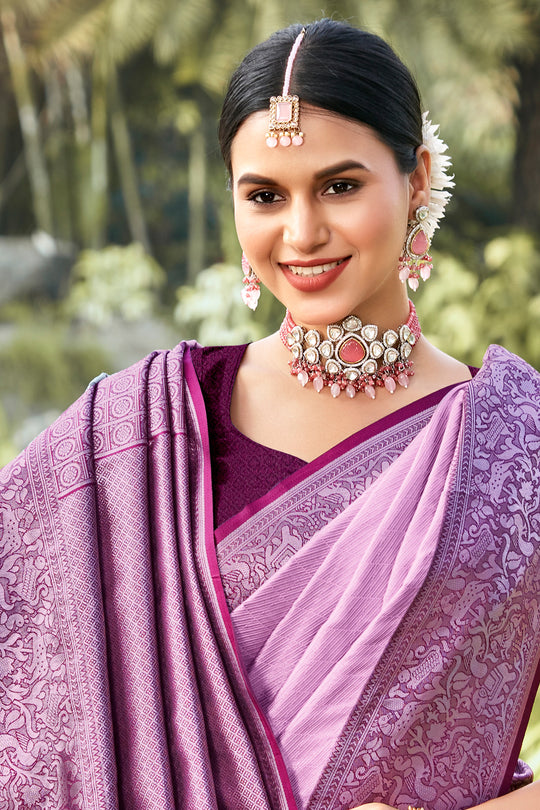 Purple Kanjivaram Silk Saree With Blouse Piece