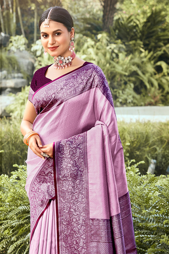 Purple Kanjivaram Silk Saree With Blouse Piece