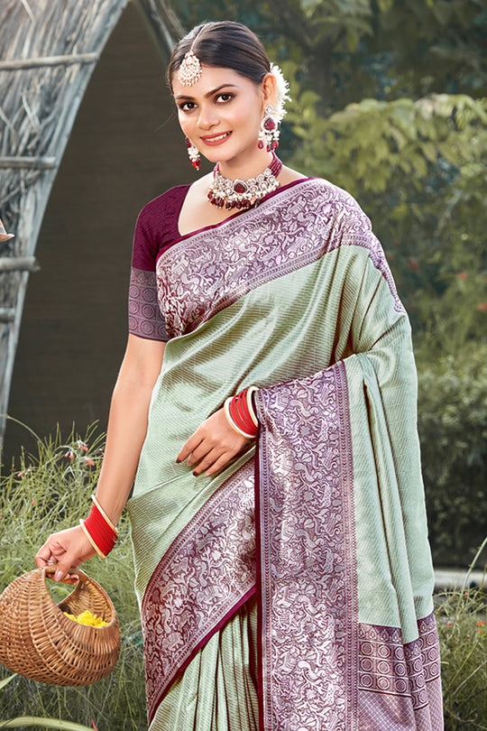 Light Green Kanjivaram Silk Saree With Blouse Piece