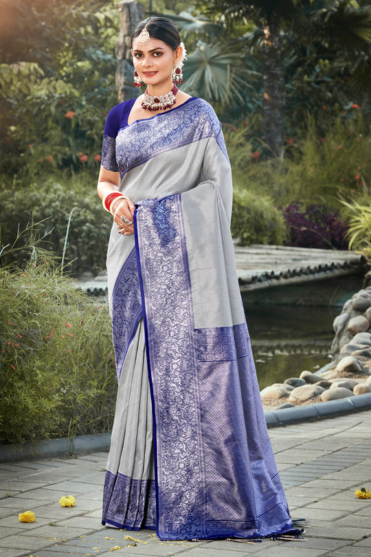 Blue & Grey Kanjivaram Silk Saree With Blouse Piece