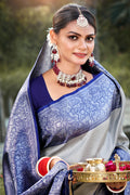 Blue & Grey Kanjivaram Silk Saree With Blouse Piece