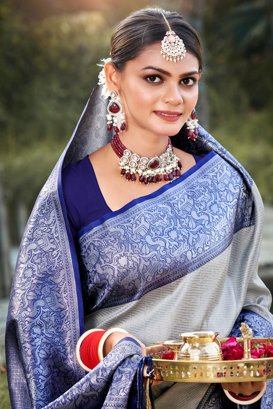 Blue & Grey Kanjivaram Silk Saree With Blouse Piece