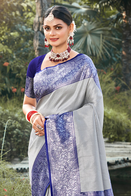 Blue & Grey Kanjivaram Silk Saree With Blouse Piece