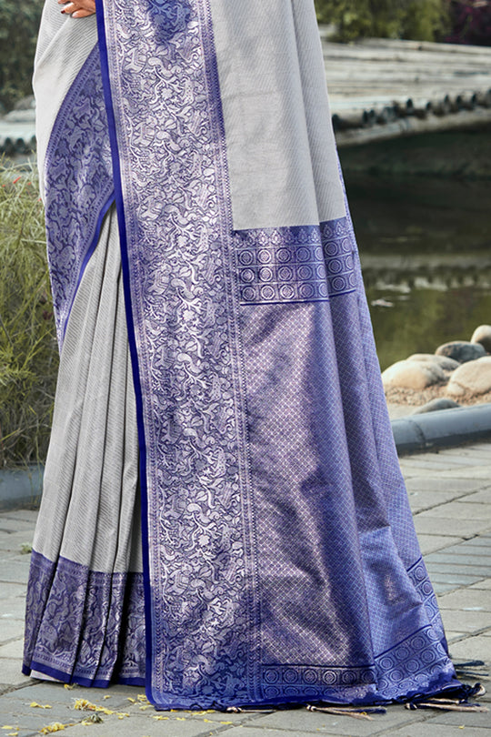 Blue & Grey Kanjivaram Silk Saree With Blouse Piece