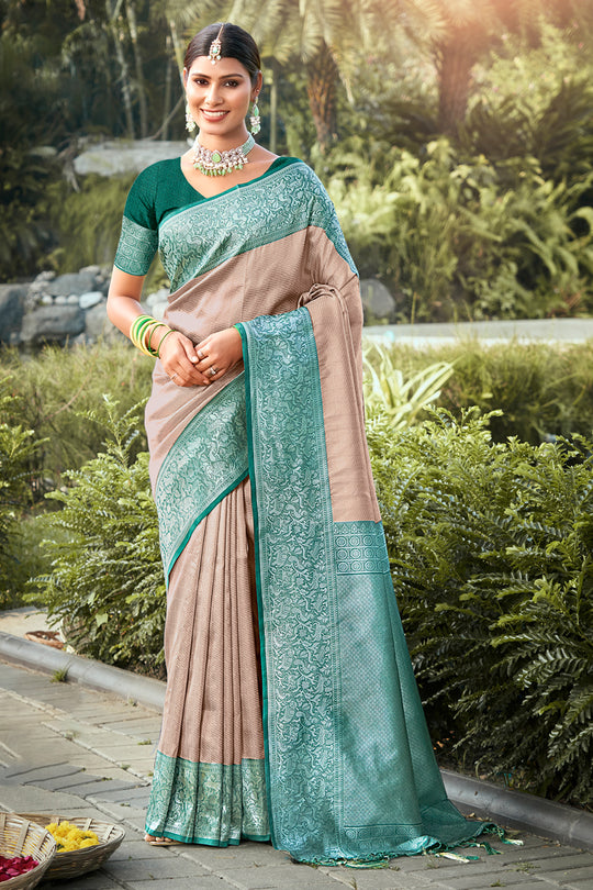 Beige Kanjivaram Silk Saree With Blouse Piece