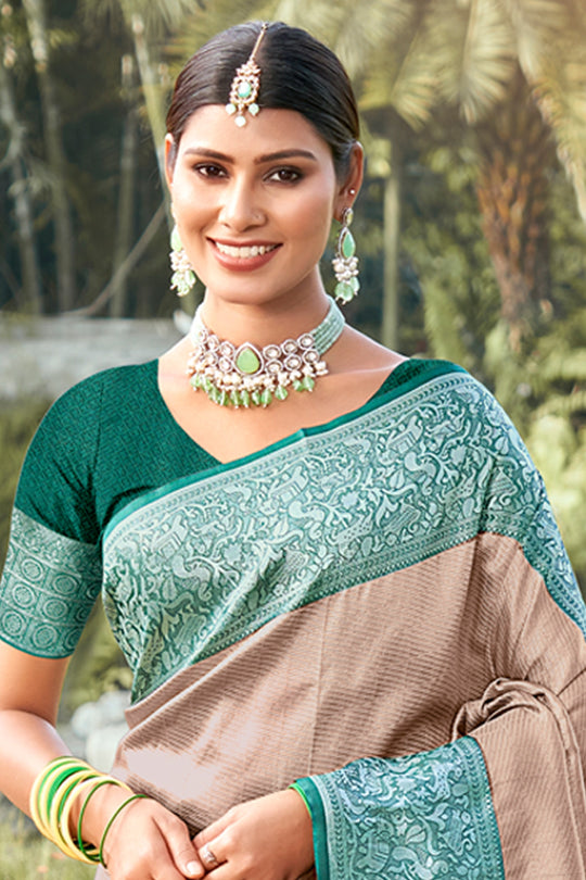 Beige Kanjivaram Silk Saree With Blouse Piece