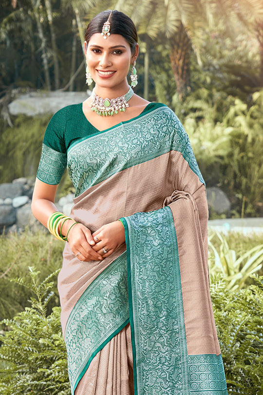 Beige Kanjivaram Silk Saree With Blouse Piece