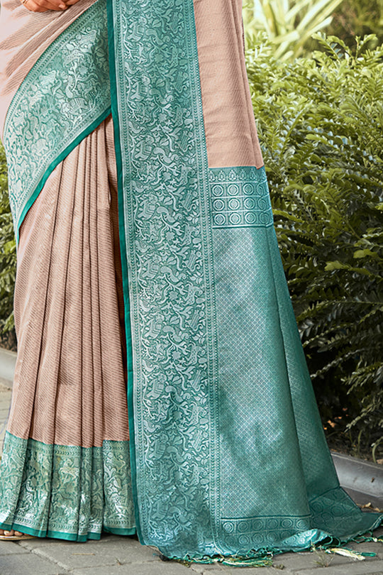 Beige Kanjivaram Silk Saree With Blouse Piece