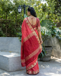 Red Semi Tussar Silk Saree With All Over Bandhani Style Butti Weaves And Very Well Designed Traditional Temple Border With Zari Linning Pallu And Blouse Piece