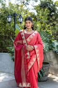 Red Semi Tussar Silk Saree With All Over Bandhani Style Butti Weaves And Very Well Designed Traditional Temple Border With Zari Linning Pallu And Blouse Piece