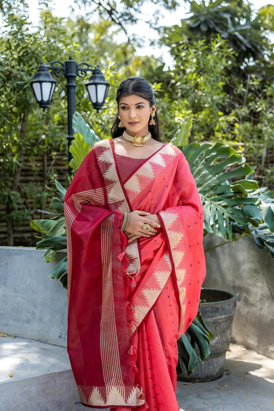 Red Semi Tussar Silk Saree With All Over Bandhani Style Butti Weaves And Very Well Designed Traditional Temple Border With Zari Linning Pallu And Blouse Piece