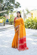 Orange Semi Tussar Silk Saree With All Over Bandhani Style Butti Weaves And Very Well Designed Traditional Temple Border With Zari Linning Pallu And Blouse Piece