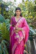 Pink Semi Tussar Silk Saree With All Over Bandhani Style Butti Weaves And Very Well Designed Traditional Temple Border With Zari Linning Pallu And Blouse Piece