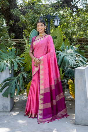 Pink Semi Tussar Silk Saree With All Over Bandhani Style Butti Weaves And Very Well Designed Traditional Temple Border With Zari Linning Pallu And Blouse Piece