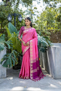 Pink Semi Tussar Silk Saree With All Over Bandhani Style Butti Weaves And Very Well Designed Traditional Temple Border With Zari Linning Pallu And Blouse Piece