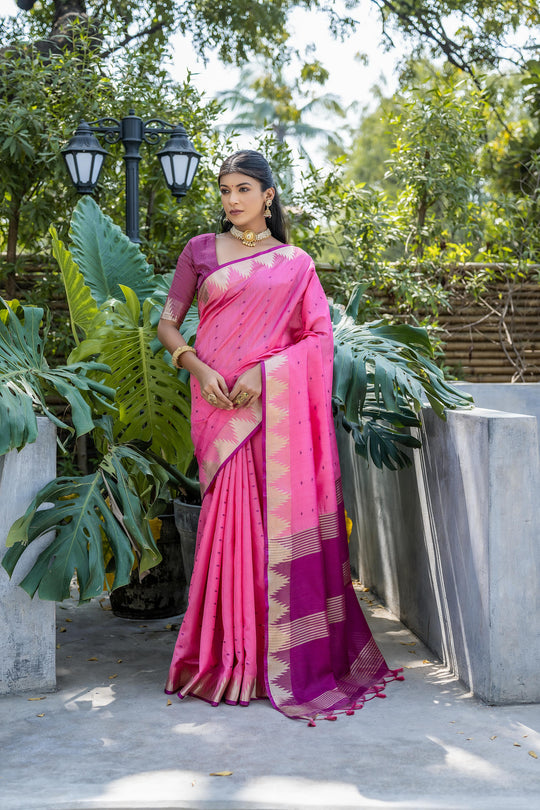 Pink Semi Tussar Silk Saree With All Over Bandhani Style Butti Weaves And Very Well Designed Traditional Temple Border With Zari Linning Pallu And Blouse Piece