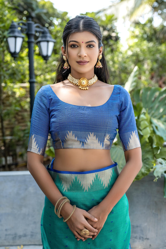 Blue Semi Tussar Silk Saree With All Over Bandhani Style Butti Weaves And Very Well Designed Traditional Temple Border With Zari Linning Pallu And Blouse Piece